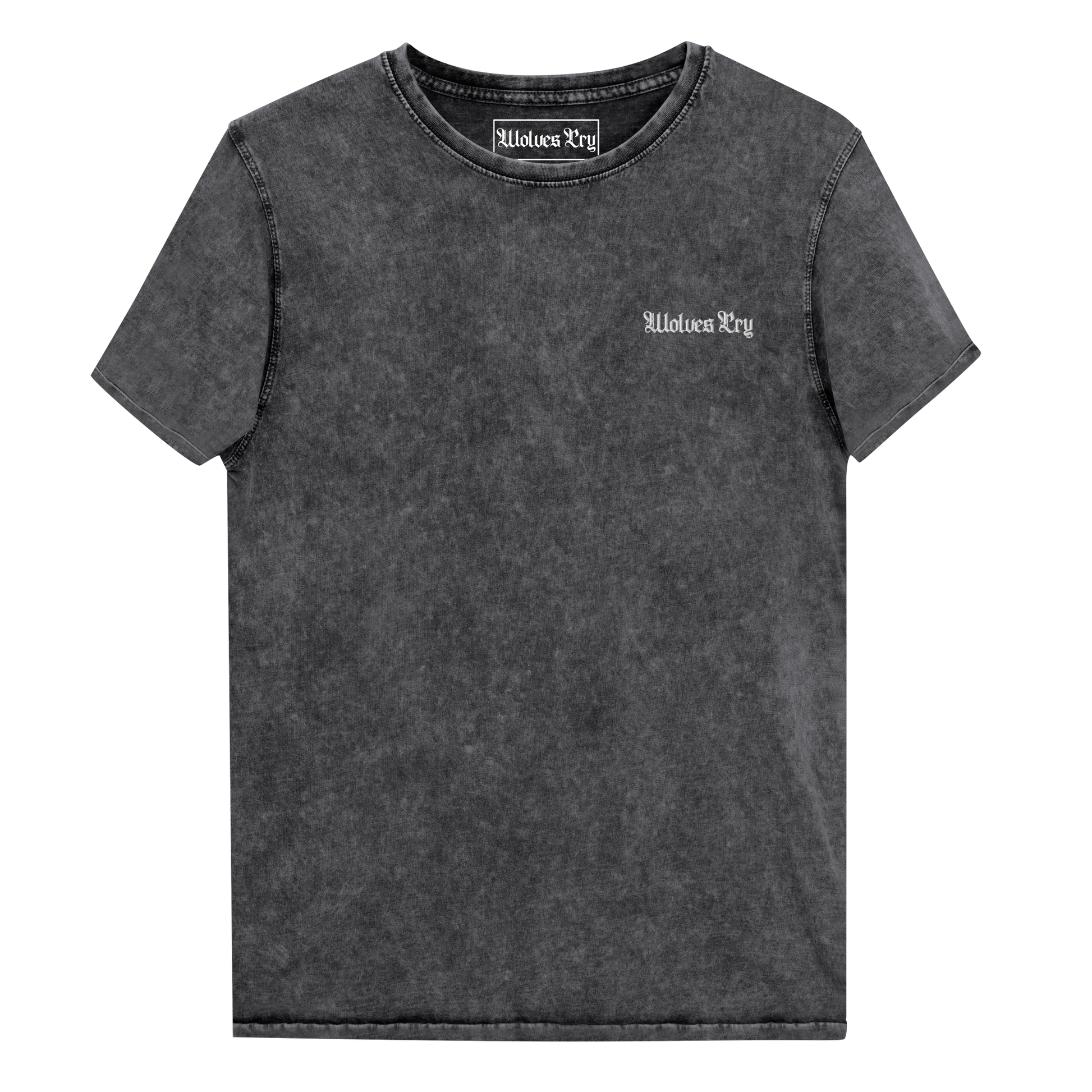 Wolves Cry Originals Embroidered Denim Tee in black, made from 100% combed cotton. Features a marbled texture and minimalist embroidered OG logo on the chest, blending rebellious streetwear culture with timeless style.