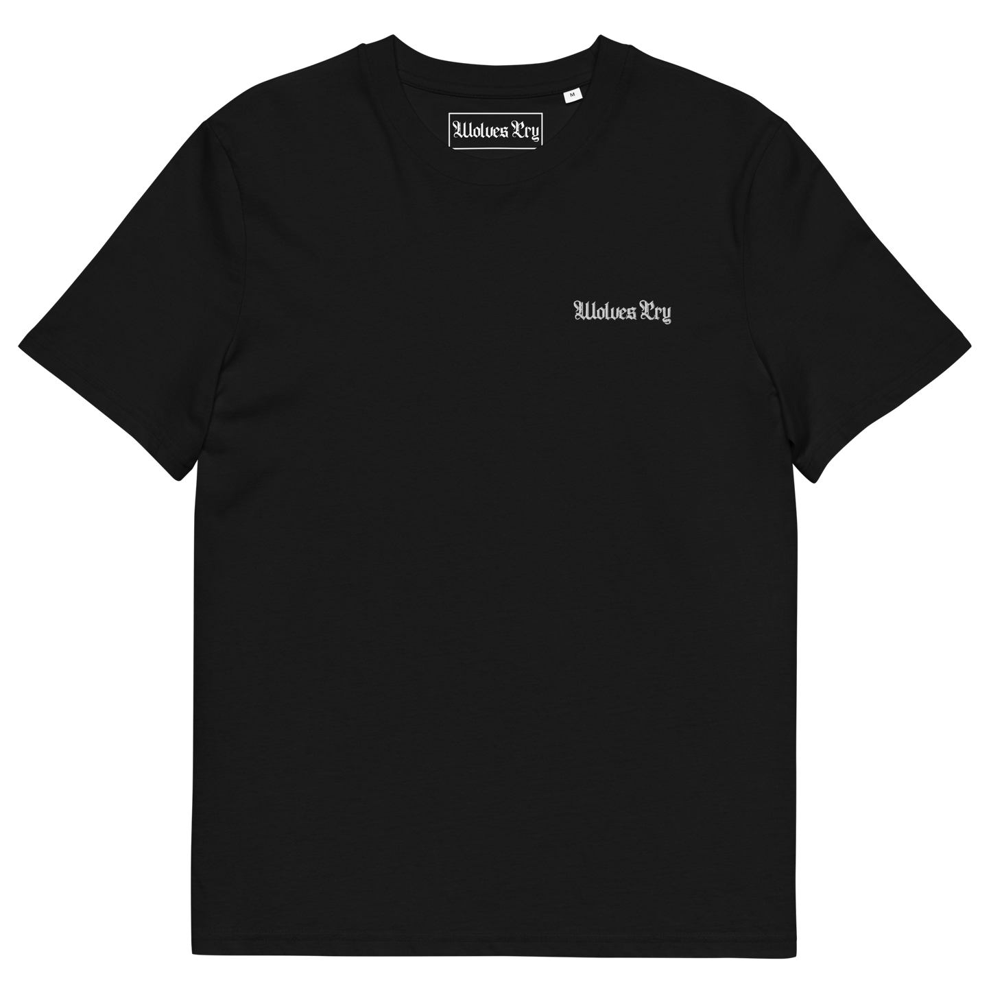Wolves Cry Originals Embroidered Organic Tee in black, made from 100% organic ring-spun cotton. Designed with a minimalist embroidered logo, offering luxurious comfort and eco-conscious style for streetwear enthusiasts.
