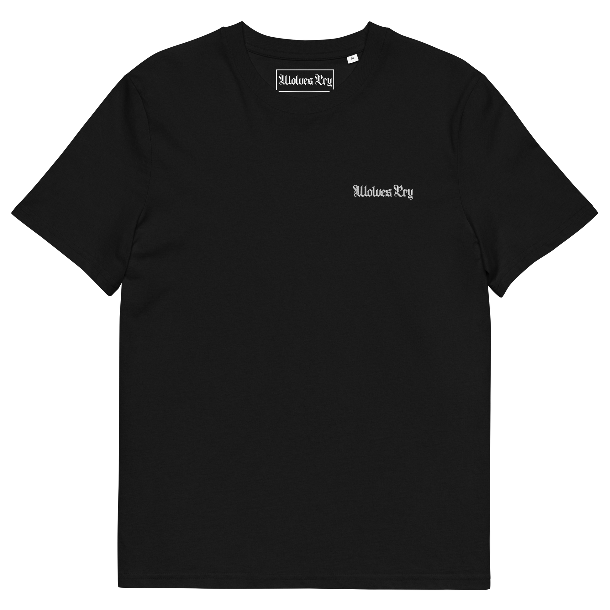 Wolves Cry Originals Embroidered Organic Tee in black, made from 100% organic ring-spun cotton. Designed with a minimalist embroidered logo, offering luxurious comfort and eco-conscious style for streetwear enthusiasts.