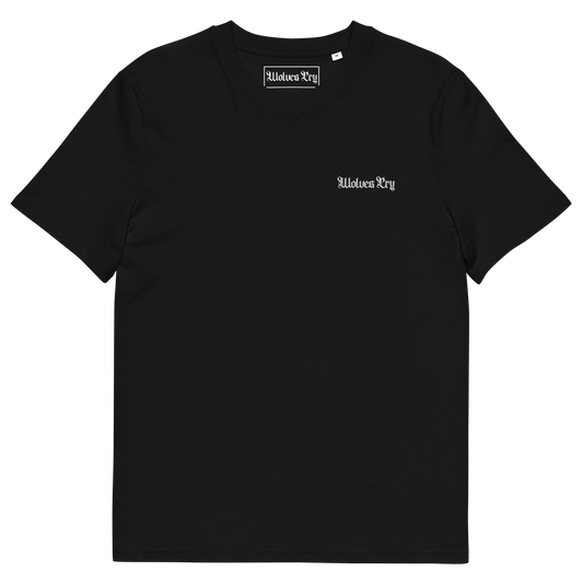 Wolves Cry Originals Embroidered Organic Tee in black, made from 100% organic ring-spun cotton. Designed with a minimalist embroidered logo, offering luxurious comfort and eco-conscious style for streetwear enthusiasts.