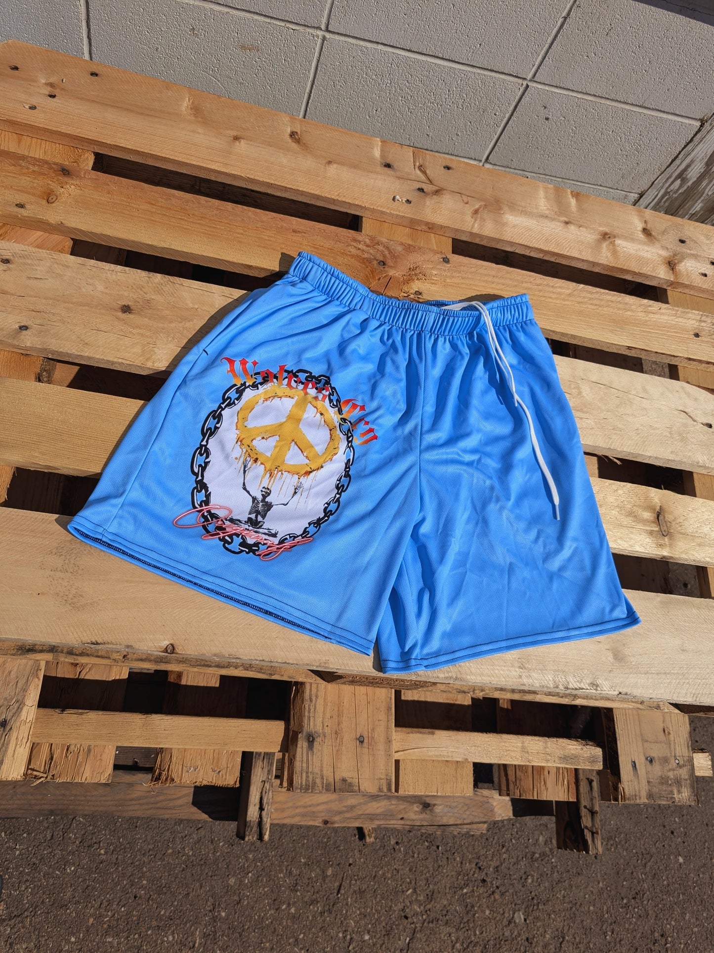Flat lay of Wolves Cry Endless Peace Organic Mesh Shorts in Baby Blue — soft mesh build with bold peace symbol artwork on the leg.