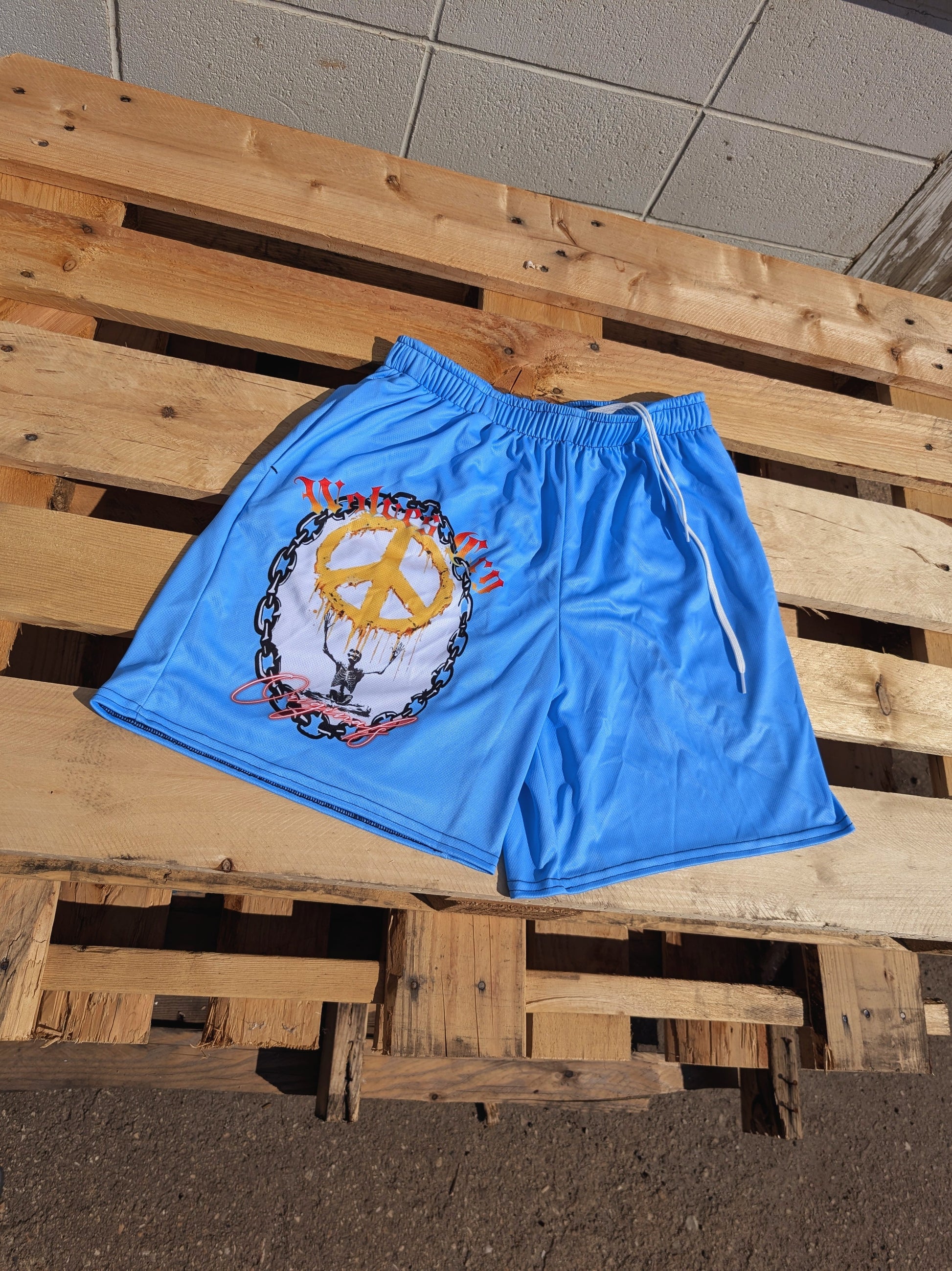 Flat lay of Wolves Cry Endless Peace Organic Mesh Shorts in Baby Blue — soft mesh build with bold peace symbol artwork on the leg.