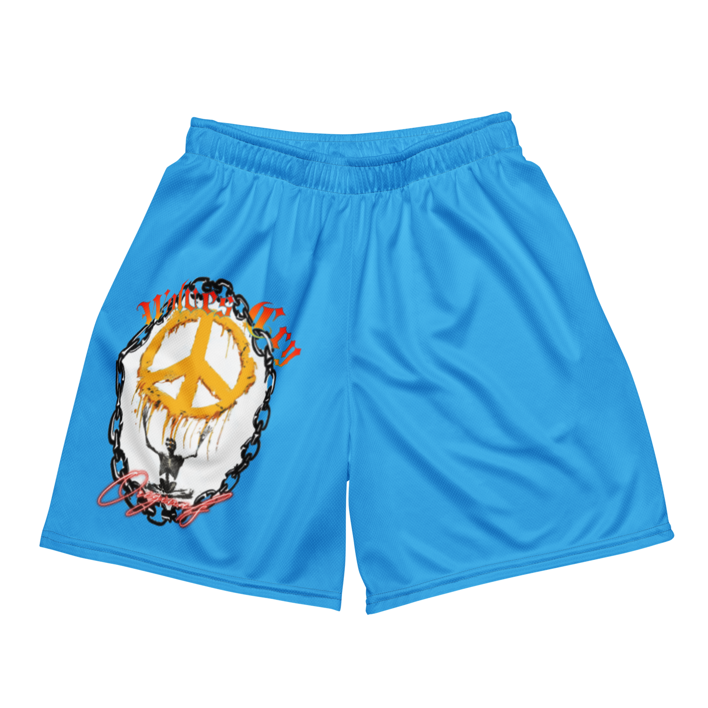 Front mock-up of Wolves Cry Endless Peace Organic Mesh Shorts in Baby Blue — vintage peace emblem and thorned chain graphic.