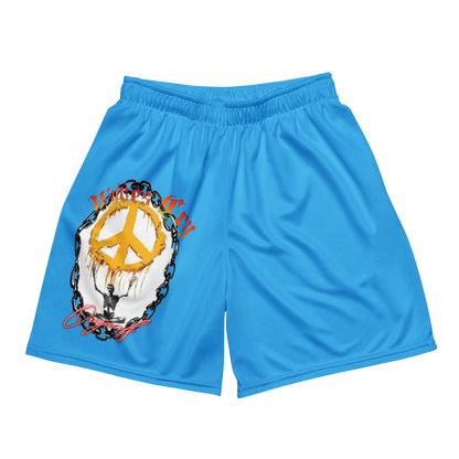 Front mock-up of Wolves Cry Endless Peace Organic Mesh Shorts in Baby Blue — vintage peace emblem and thorned chain graphic.