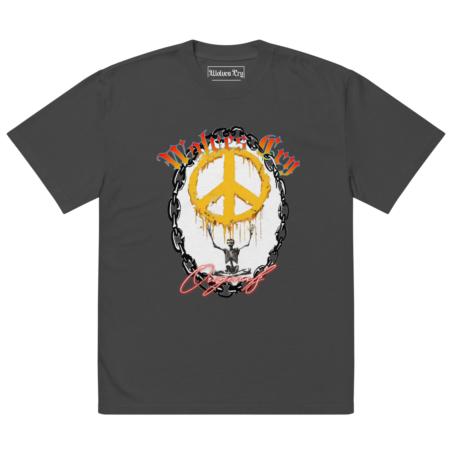 Front mock-up of Wolves Cry Endless Peace Tee in black vintage — yellow peace emblem wrapped in roses with Wolves Cry spellout, printed on soft washed heavyweight cotton.