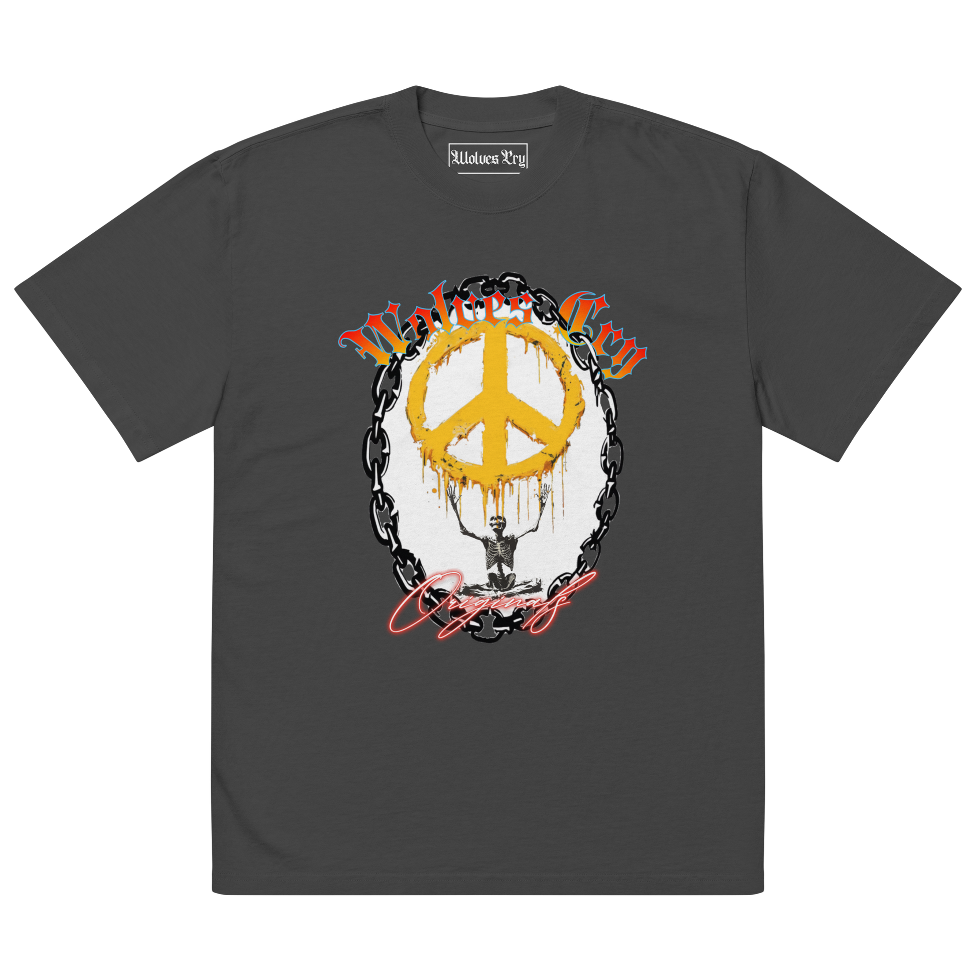 Front mock-up of Wolves Cry Endless Peace Tee in black vintage — yellow peace emblem wrapped in roses with Wolves Cry spellout, printed on soft washed heavyweight cotton.