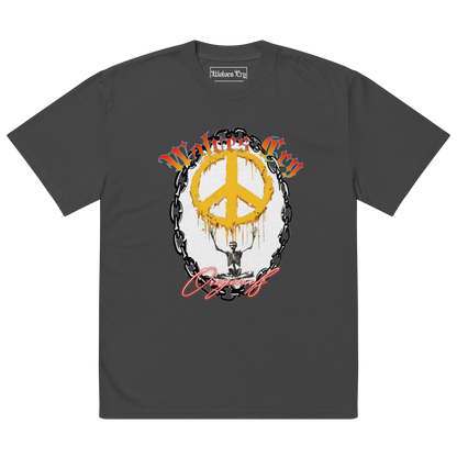 Front mock-up of Wolves Cry Endless Peace Tee in black vintage — yellow peace emblem wrapped in roses with Wolves Cry spellout, printed on soft washed heavyweight cotton.
