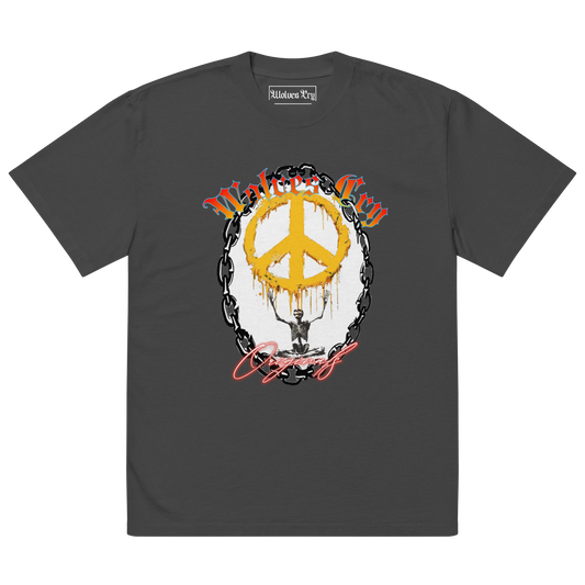 Front mock-up of Wolves Cry Endless Peace Tee in black vintage — yellow peace emblem wrapped in roses with Wolves Cry spellout, printed on soft washed heavyweight cotton.