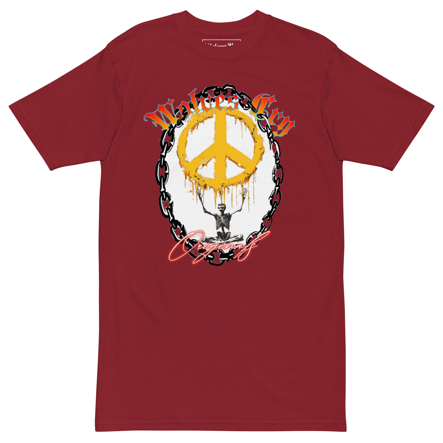 Front mock-up of Wolves Cry Endless Peace Tee in burgundy — featuring the signature peace-skull and roses artwork, blending rebellion and serenity in Wolves Cry’s bold vintage tone.