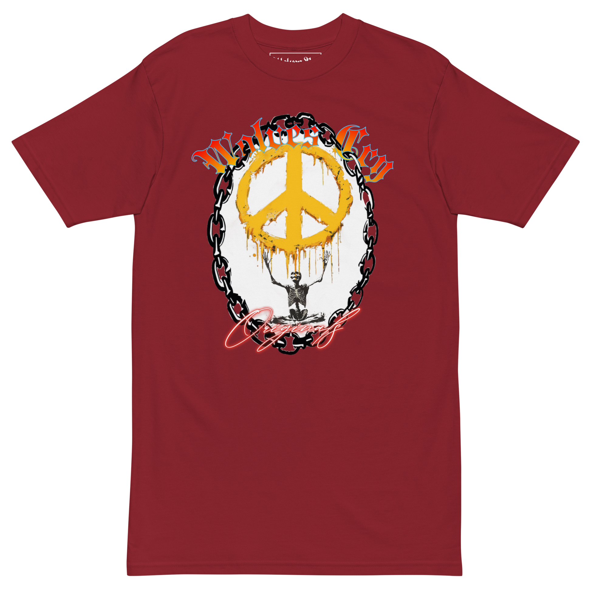 Front mock-up of Wolves Cry Endless Peace Tee in burgundy — featuring the signature peace-skull and roses artwork, blending rebellion and serenity in Wolves Cry’s bold vintage tone.