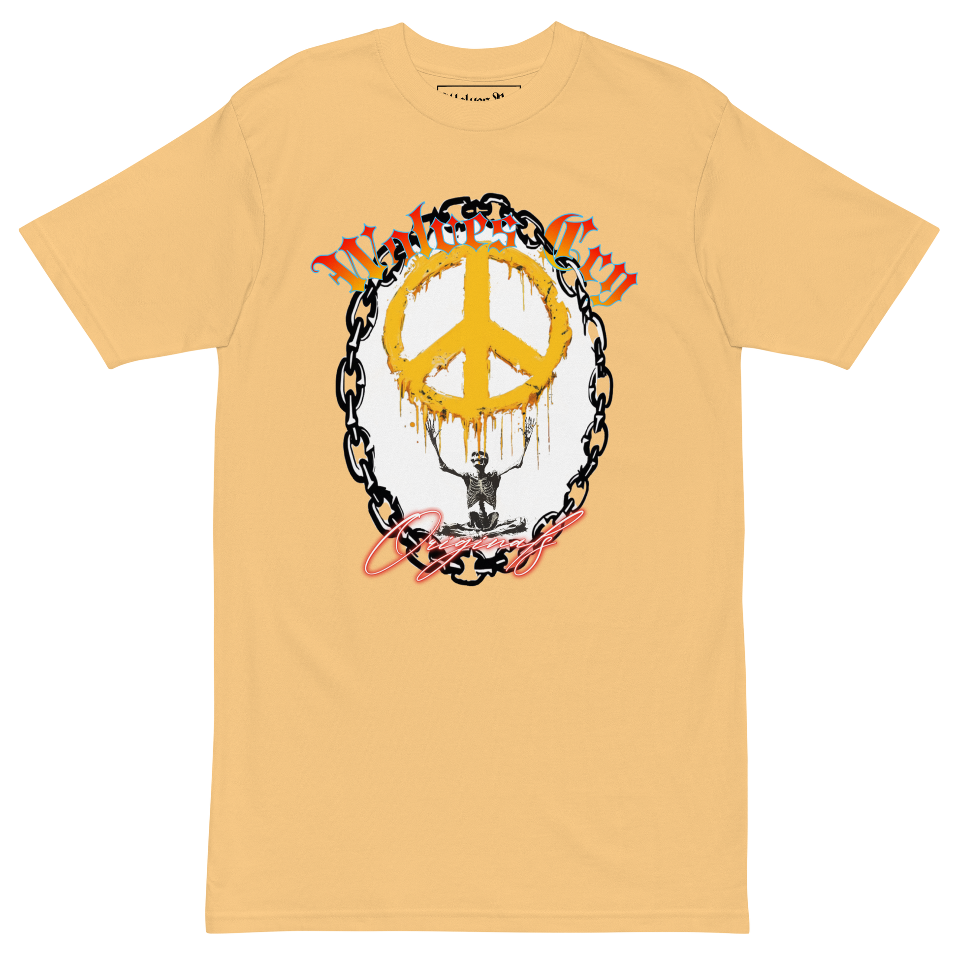 Front mock-up of Wolves Cry Endless Peace Tee in faded gold — featuring the signature hand-drawn peace-skull artwork framed in roses, a balance of rebellion and calm that defines the Wolves Cry ethos.