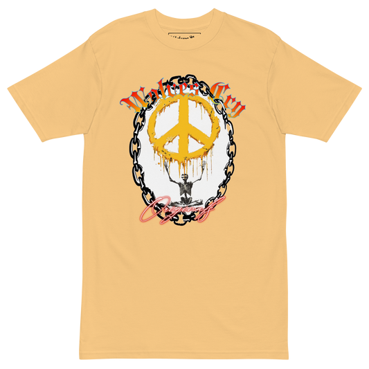 Front mock-up of Wolves Cry Endless Peace Tee in faded gold — featuring the signature hand-drawn peace-skull artwork framed in roses, a balance of rebellion and calm that defines the Wolves Cry ethos.