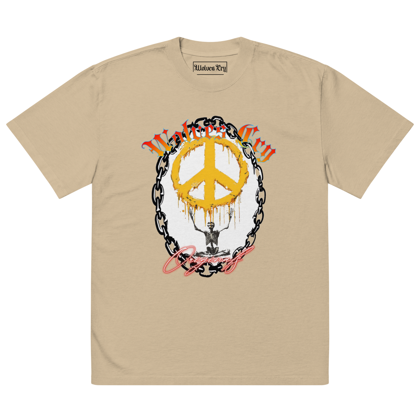 Front mock-up of Wolves Cry Endless Peace Tee in khaki — vintage peace-skull artwork with rose wreath and bold yellow contrast, built on soft heavyweight cotton.