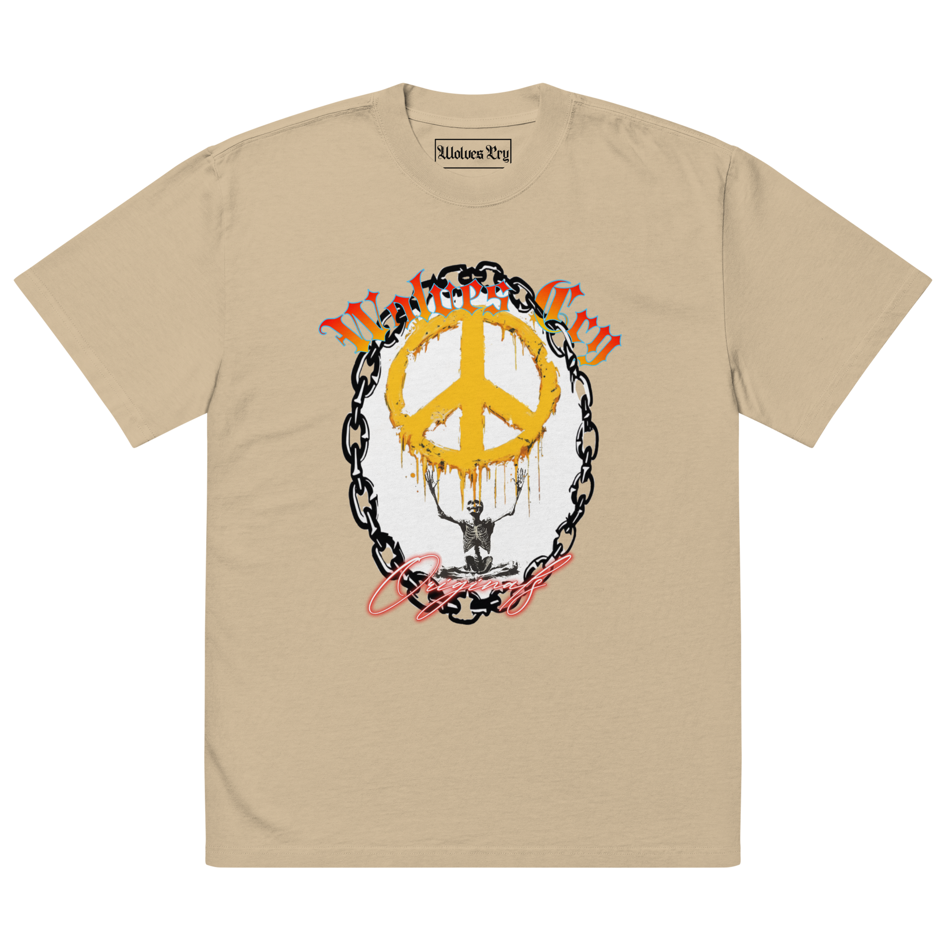 Front mock-up of Wolves Cry Endless Peace Tee in khaki — vintage peace-skull artwork with rose wreath and bold yellow contrast, built on soft heavyweight cotton.
