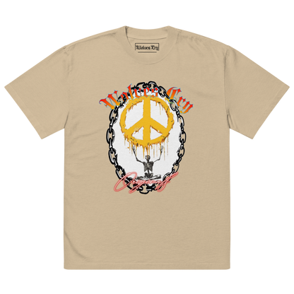 Front mock-up of Wolves Cry Endless Peace Tee in khaki — vintage peace-skull artwork with rose wreath and bold yellow contrast, built on soft heavyweight cotton.