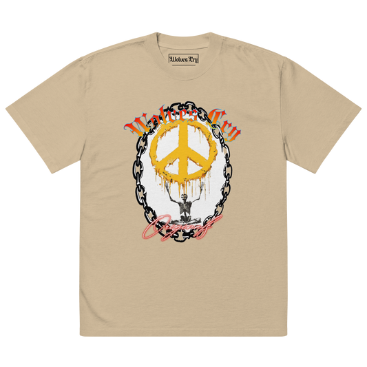 Front mock-up of Wolves Cry Endless Peace Tee in khaki — vintage peace-skull artwork with rose wreath and bold yellow contrast, built on soft heavyweight cotton.