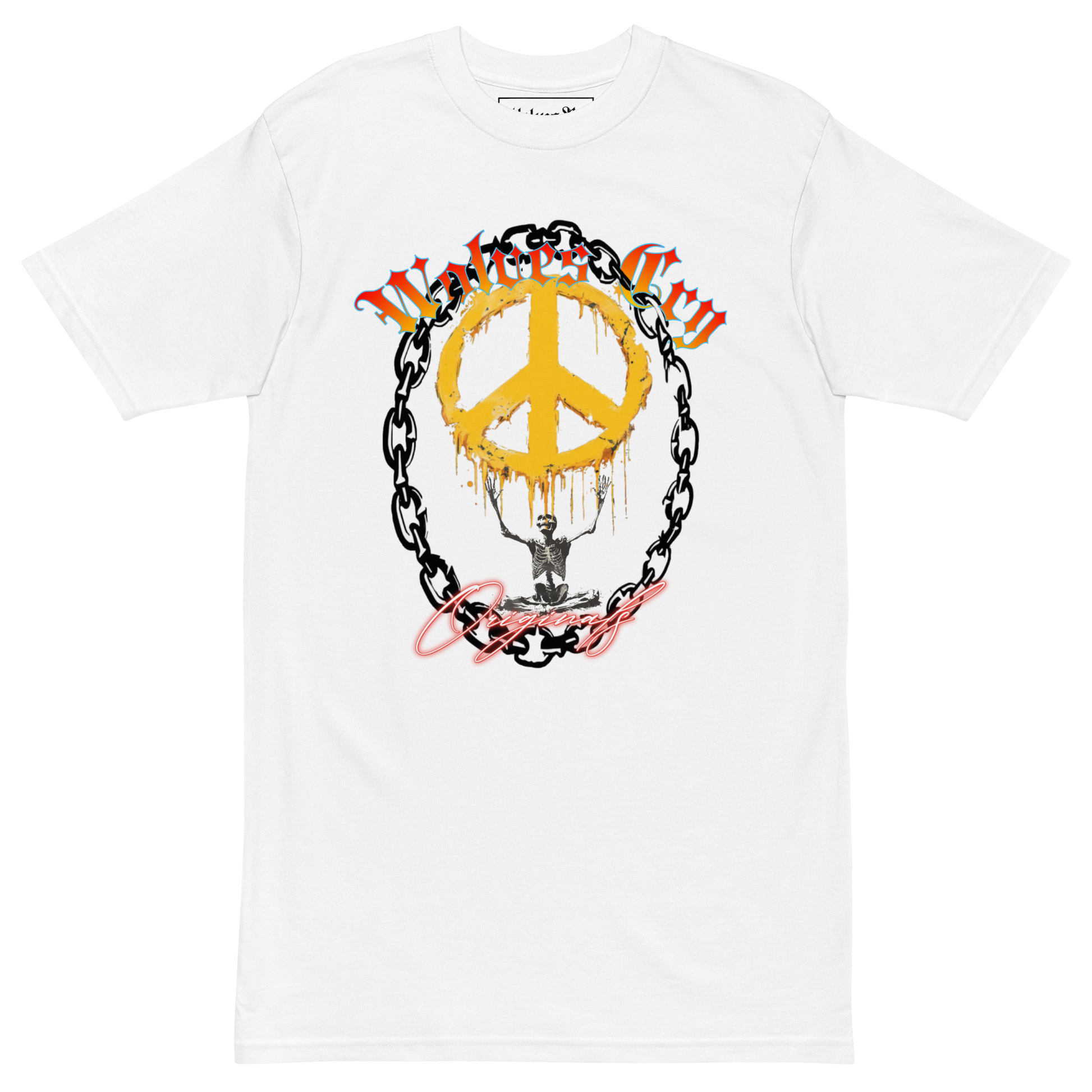 Front mock-up of Wolves Cry Endless Peace Tee in white — detailed peace-skull and roses print centered in contrast, symbolizing calm defiance and the Wolves Cry pursuit of balance through rebellion.