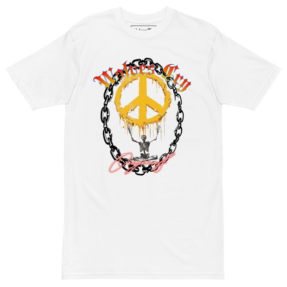 Front mock-up of Wolves Cry Endless Peace Tee in white — detailed peace-skull and roses print centered in contrast, symbolizing calm defiance and the Wolves Cry pursuit of balance through rebellion.