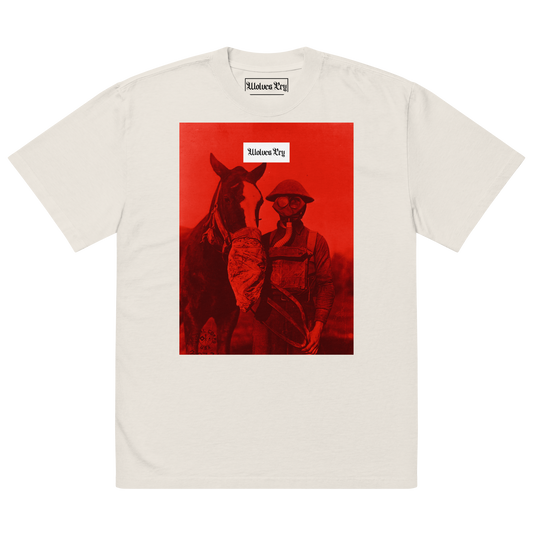 Wolves Cry Originals Equestrian Red Remix Tee featuring a bold red equestrian-inspired graphic on a vintage-washed 100% carded cotton base. Boxy, oversized fit with dropped shoulders and wide neck ribbing, designed for bold streetwear style and premium comfort.