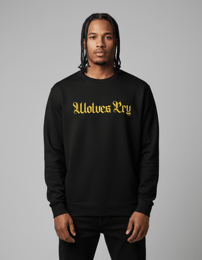 Model wearing Wolves Cry Everyday Crew in black and yellow — bold Wu-Tang inspired colorway blending legacy tones with modern Wolves Cry edge.