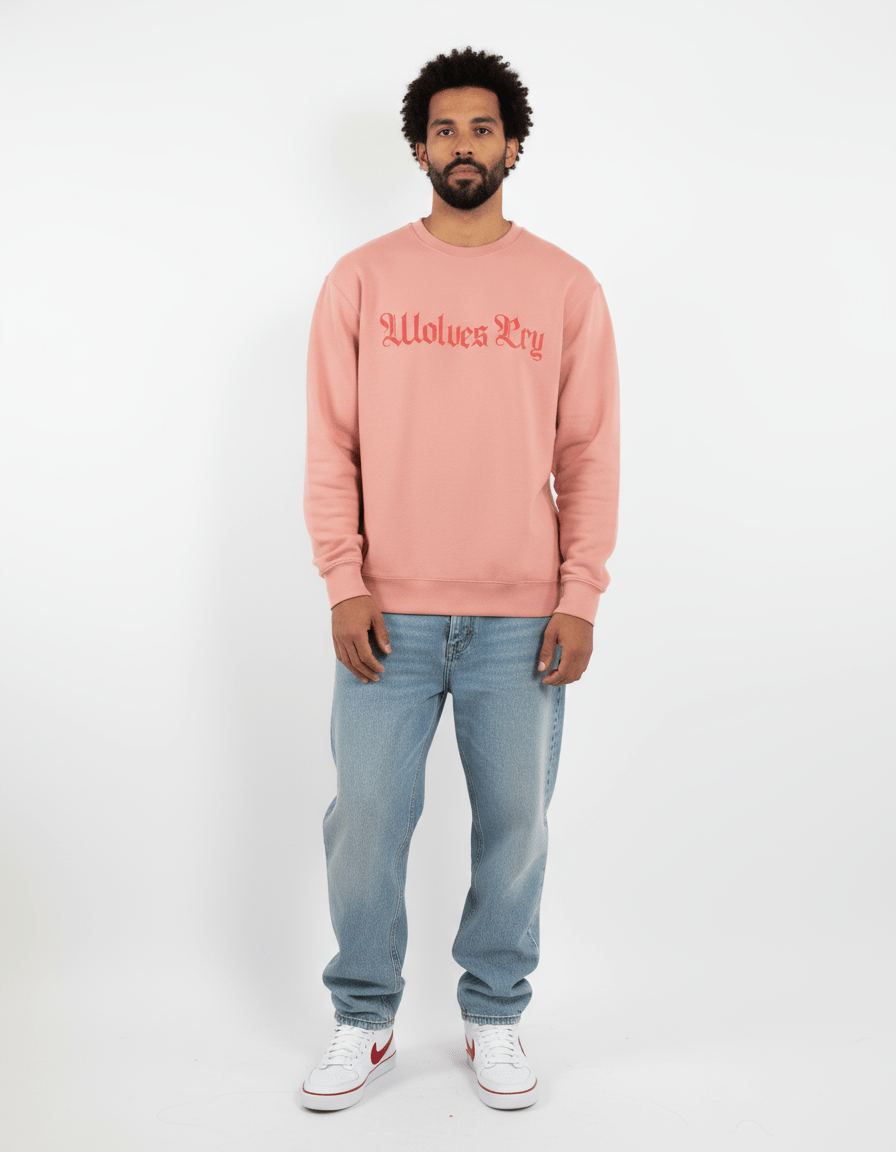Full-body shot of model in Wolves Cry Everyday Crew — double coral colorway capturing confidence and Wolves Cry signature style.