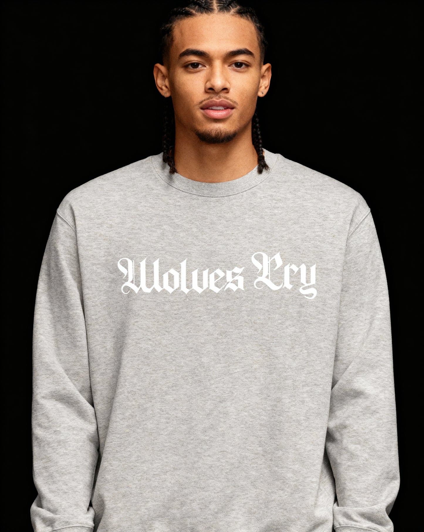 Model wearing Wolves Cry Everyday Crew in heather grey and white — minimalist heritage design with timeless athletic edge.