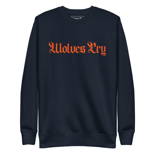 Front mock-up of Wolves Cry Everyday Crew in navy with orange embroidery — clean athletic minimalism rooted in dynasty heritage.