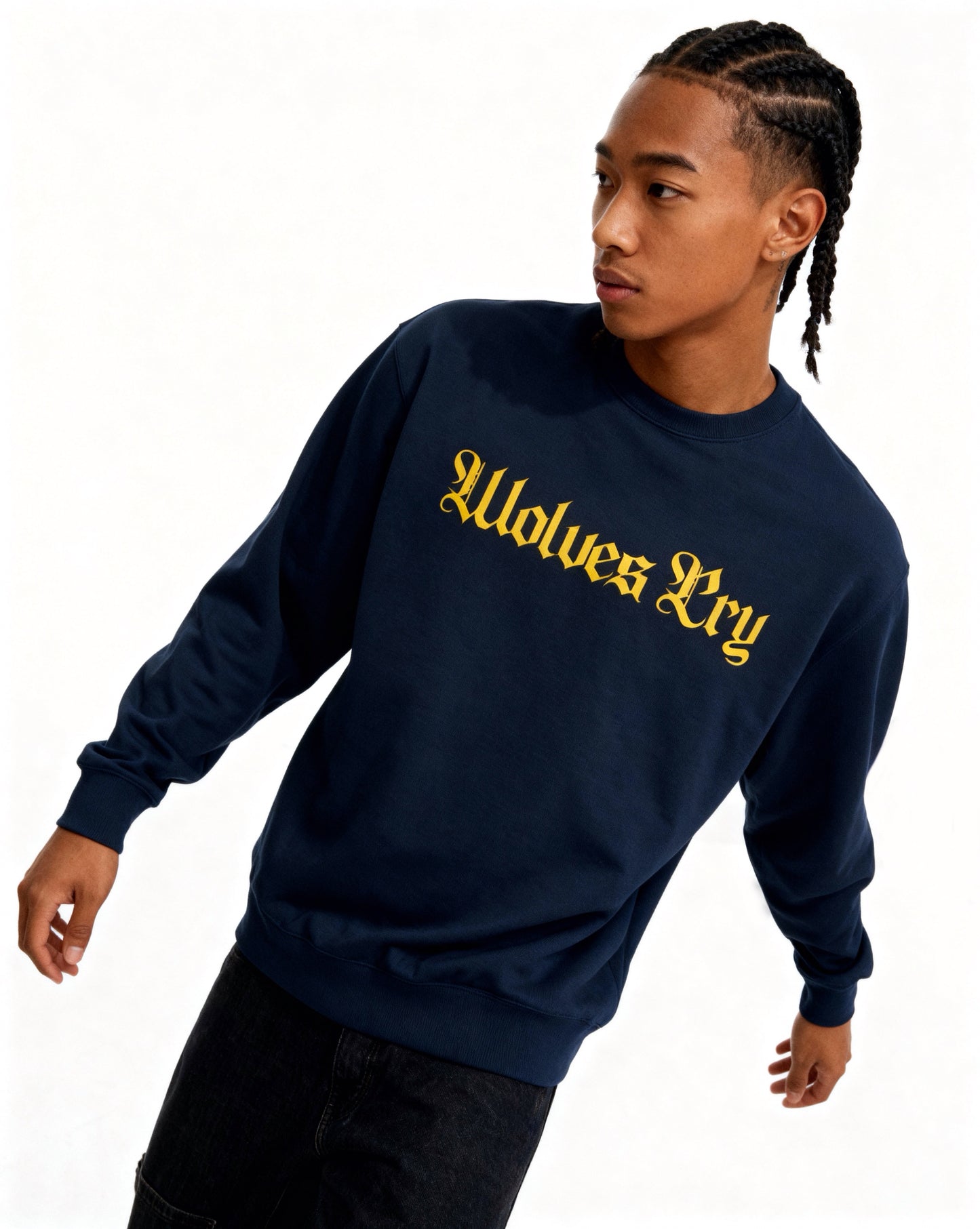 Model wearing Wolves Cry Everyday Crew in navy and yellow — confident, unapologetic, and rooted in classic Wolves Cry identity.