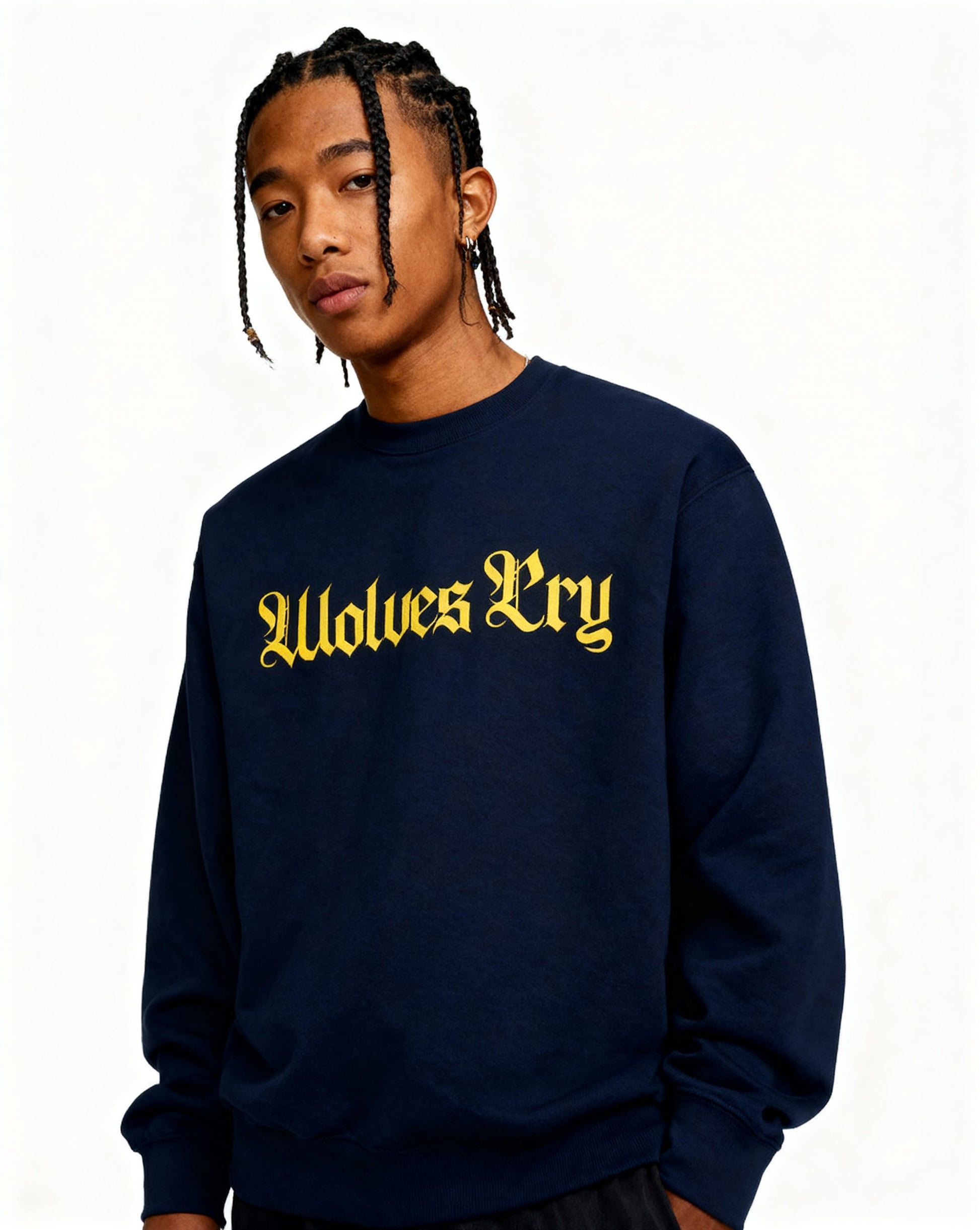 Studio shot of Wolves Cry Everyday Crew in navy and yellow — athletic-inspired tone with refined everyday streetwear appeal.