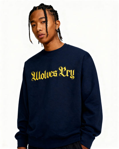 Studio shot of Wolves Cry Everyday Crew in navy and yellow — athletic-inspired tone with refined everyday streetwear appeal.