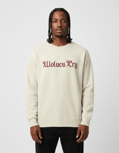 Model wearing Wolves Cry Everyday Crew in oatmeal and merlot — clean, minimal, and regal with a modern athletic undertone.
