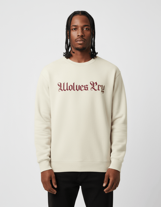 Model wearing Wolves Cry Everyday Crew in oatmeal and merlot — clean, minimal, and regal with a modern athletic undertone.