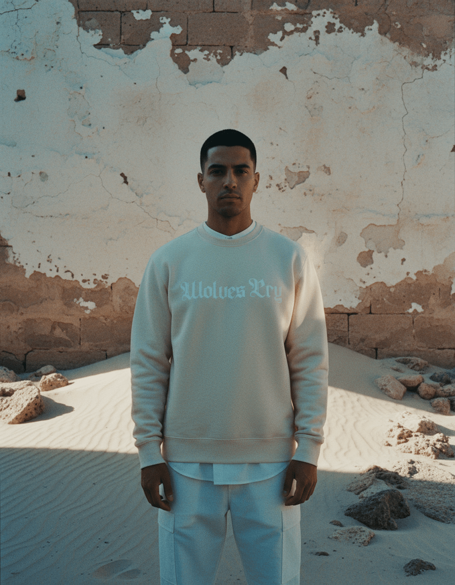 Model wearing Wolves Cry Everyday Crew in oatmeal and white — soft neutral palette photographed in natural light, effortless and clean.