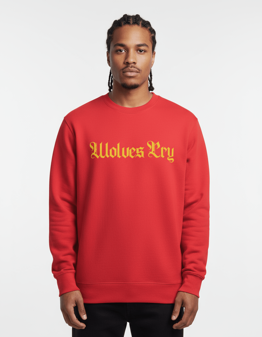 Model wearing Wolves Cry Everyday Crew in red and yellow — a fearless mix of power and heritage, designed for standout streetwear presence.