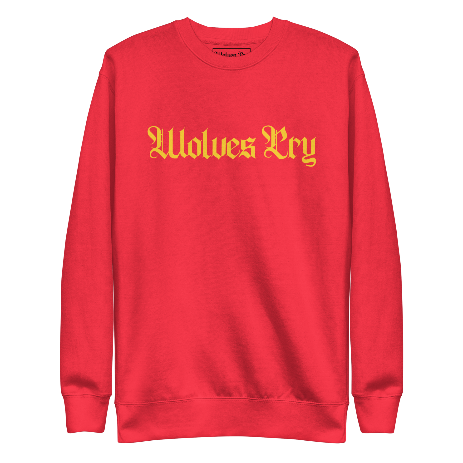 Front mock-up of Wolves Cry Everyday Crew in red with yellow embroidery — bold statement piece channeling vintage athletic heat.