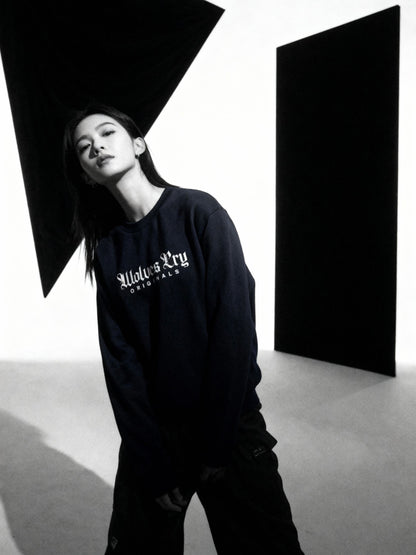 Wolves Cry Embroidered Plain Jane Crew in navy captured in motion — relaxed fit, everyday streetwear elevated through craftsmanship