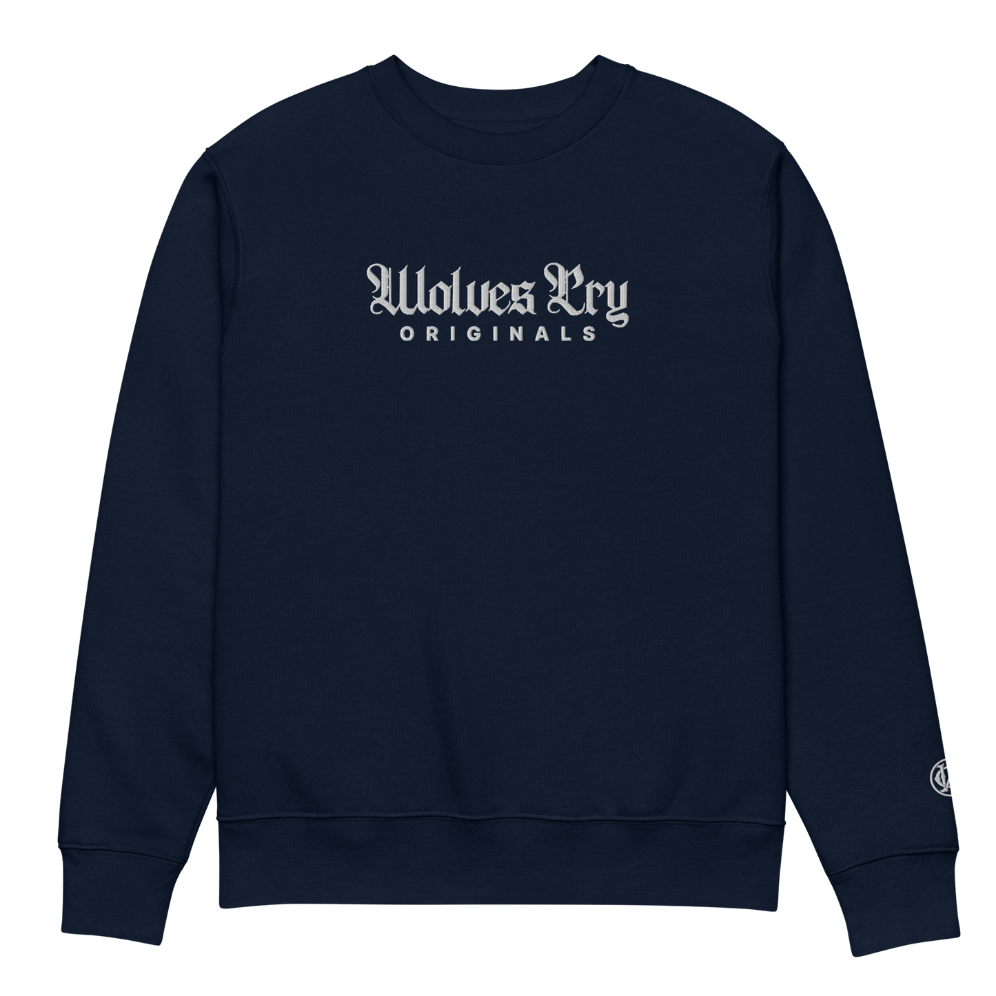 Wolves Cry Embroidered Plain Jane Crew in navy — minimalist streetwear crewneck showcasing refined design and tonal embroidery