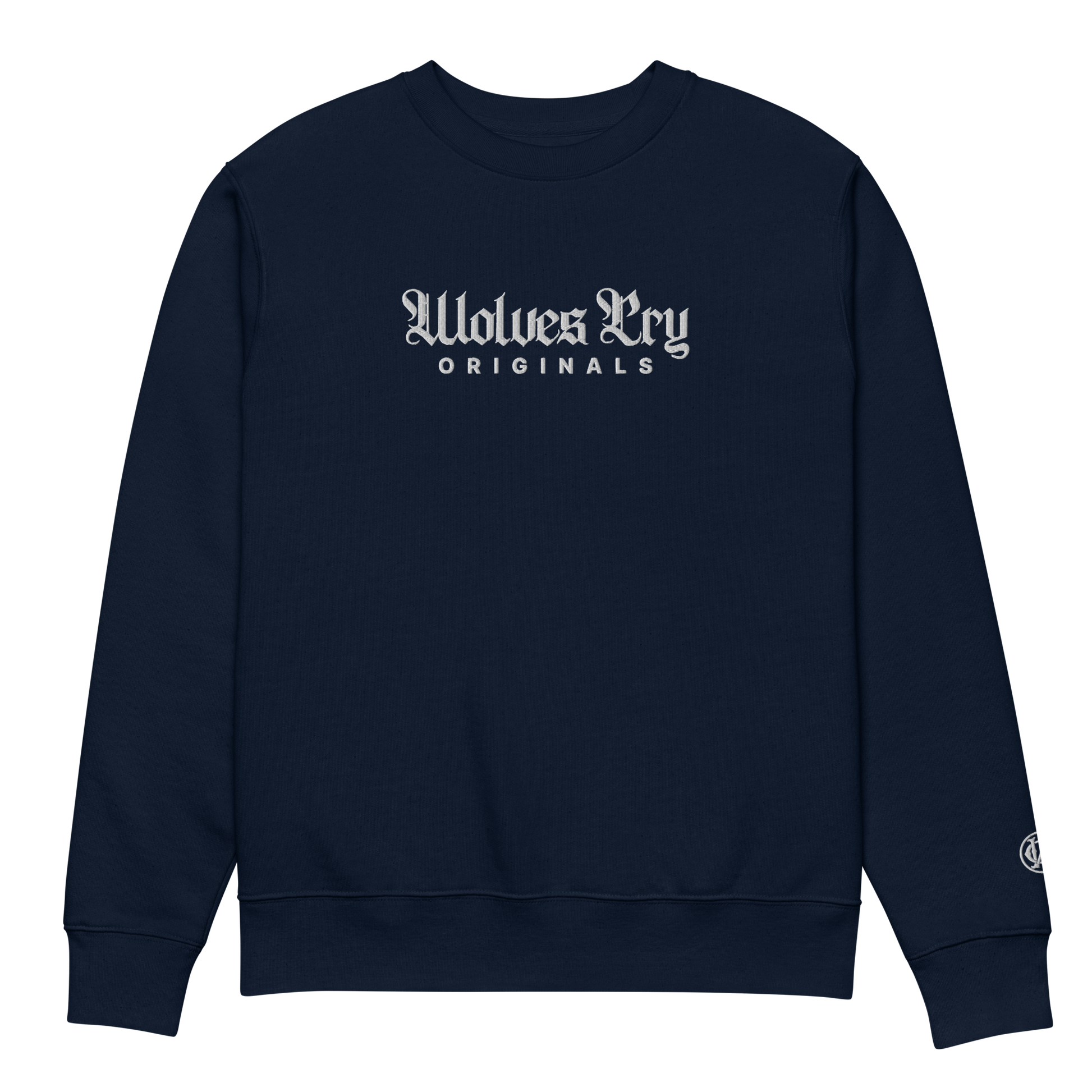Wolves Cry Embroidered Plain Jane Crew in navy — minimalist streetwear crewneck showcasing refined design and tonal embroidery