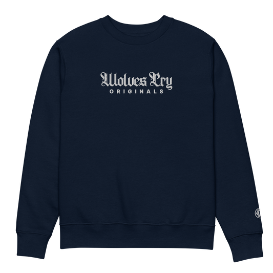 Wolves Cry Embroidered Plain Jane Crew in navy — minimalist streetwear crewneck showcasing refined design and tonal embroidery