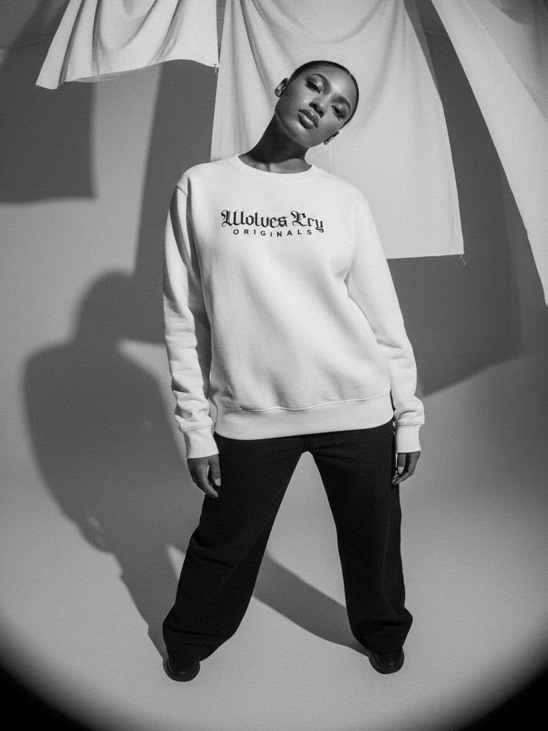 Close-up of Wolves Cry Embroidered Plain Jane Crew in white, highlighting tonal embroidery and premium cotton weave.