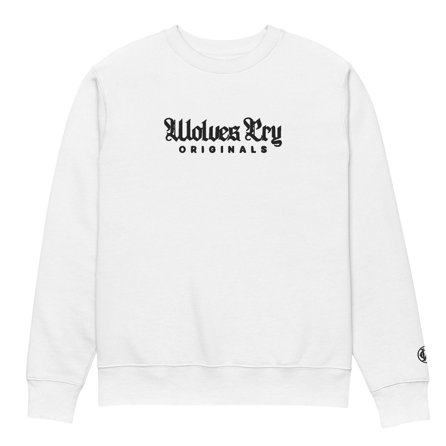Wolves Cry Embroidered Plain Jane Crew in white — refined streetwear sweatshirt with minimalist tonal embroidery.