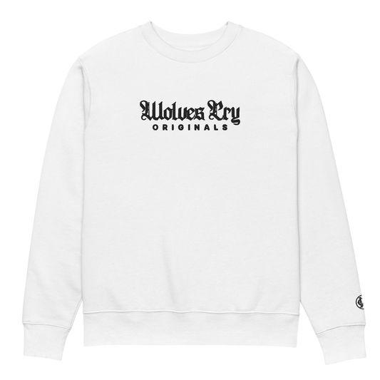 Wolves Cry Embroidered Plain Jane Crew in white — refined streetwear sweatshirt with minimalist tonal embroidery.