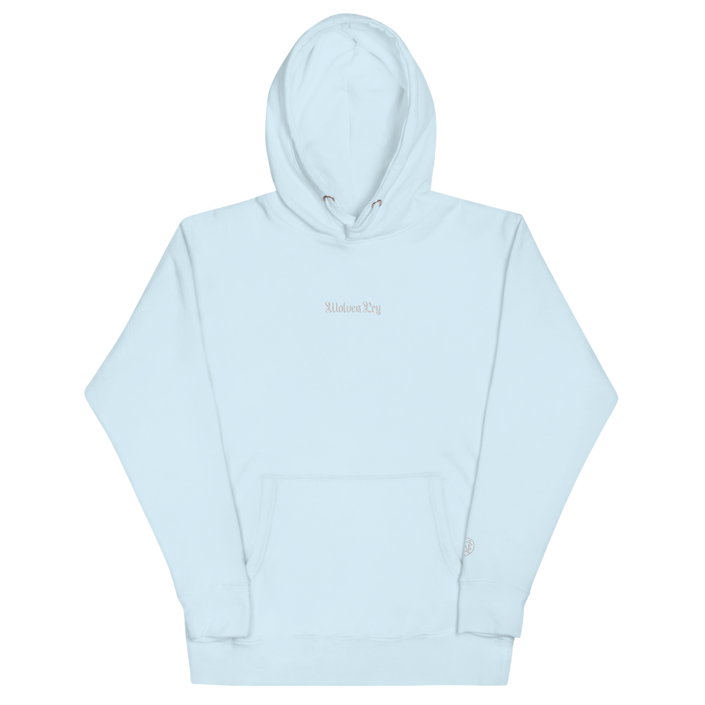 Front mock-up of Wolves Cry Everyday Hoodie in baby blue with white embroidery — calm tone meets crisp street heritage.