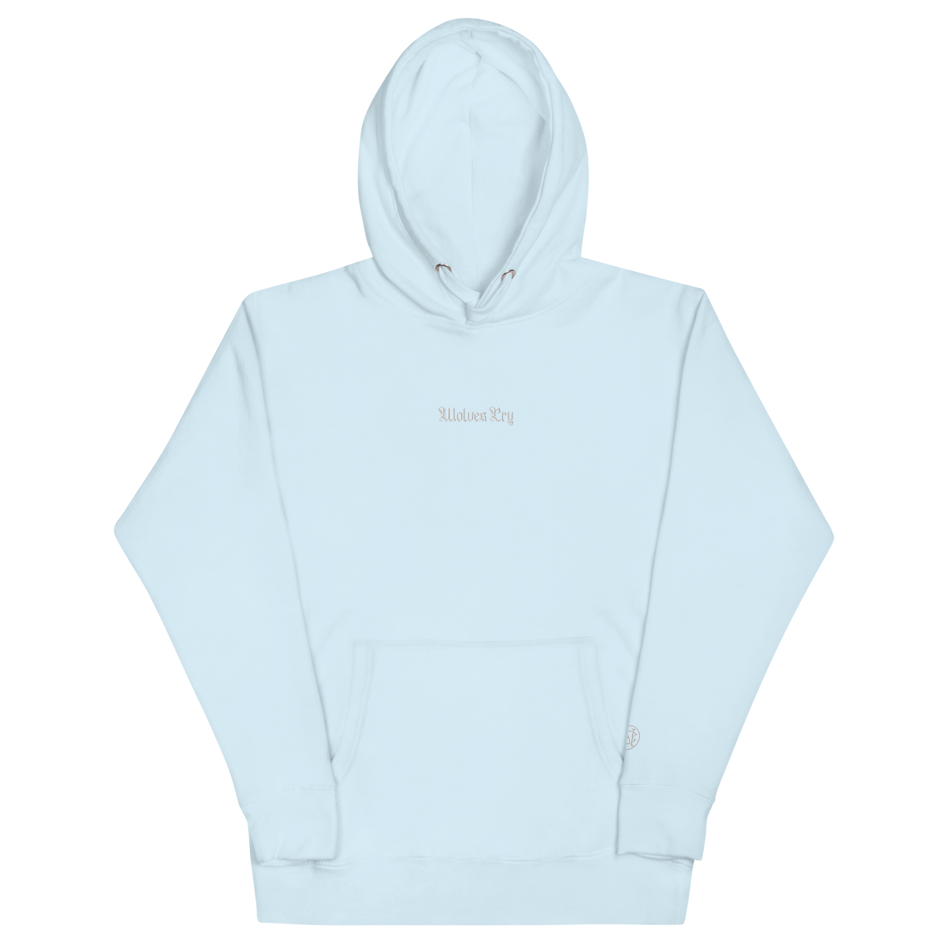 Front mock-up of Wolves Cry Everyday Hoodie in baby blue with white embroidery — calm tone meets crisp street heritage.