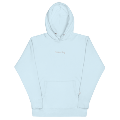Front mock-up of Wolves Cry Everyday Hoodie in baby blue with white embroidery — calm tone meets crisp street heritage.