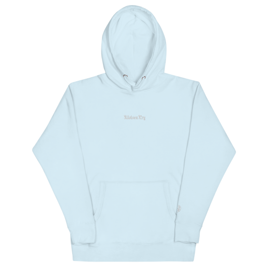Front mock-up of Wolves Cry Everyday Hoodie in baby blue with white embroidery — calm tone meets crisp street heritage.