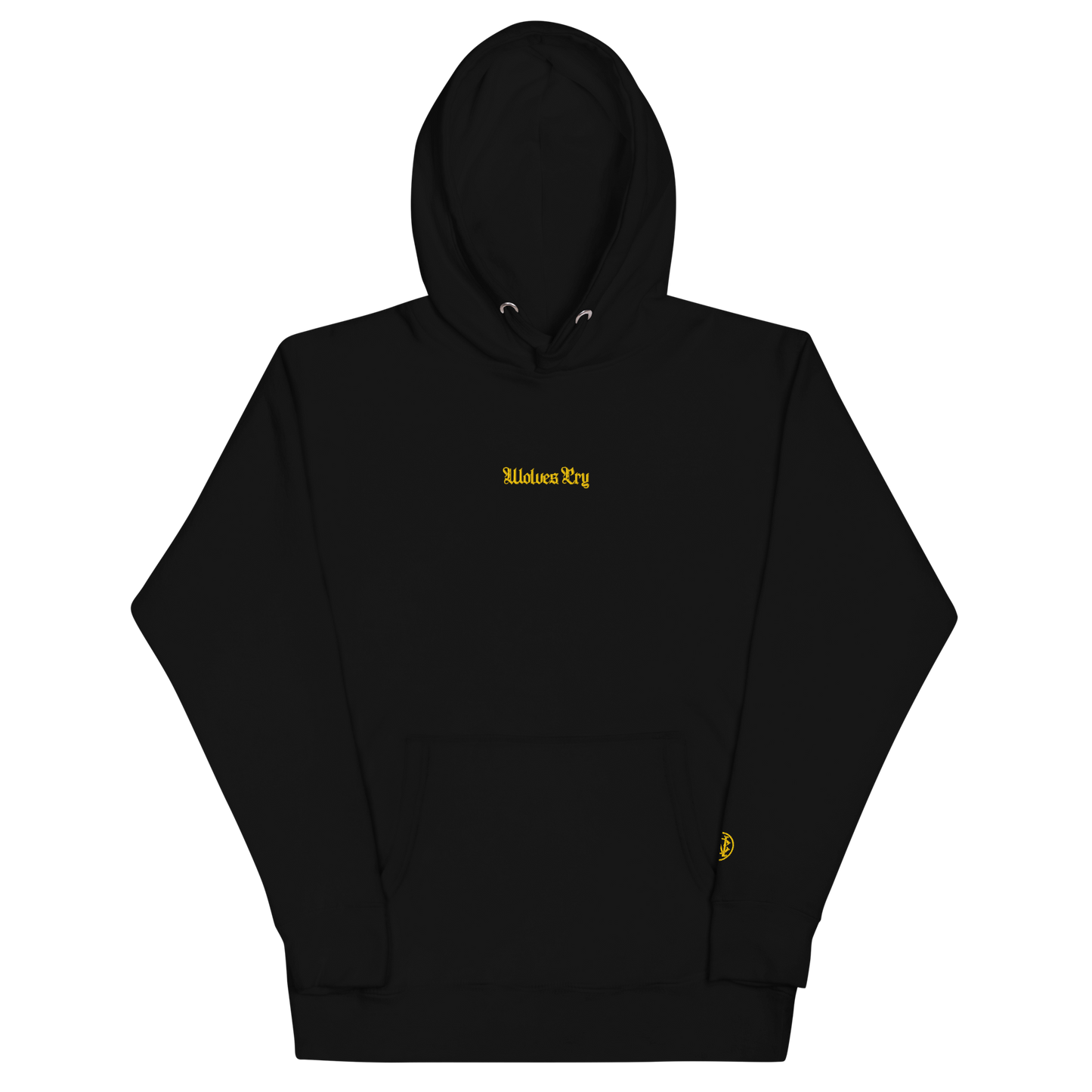Wolves Cry Everyday Hoodie in black with yellow embroidery — heritage grit meets modern minimalism.