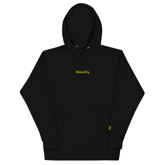 Wolves Cry Everyday Hoodie in black with yellow embroidery — heritage grit meets modern minimalism.