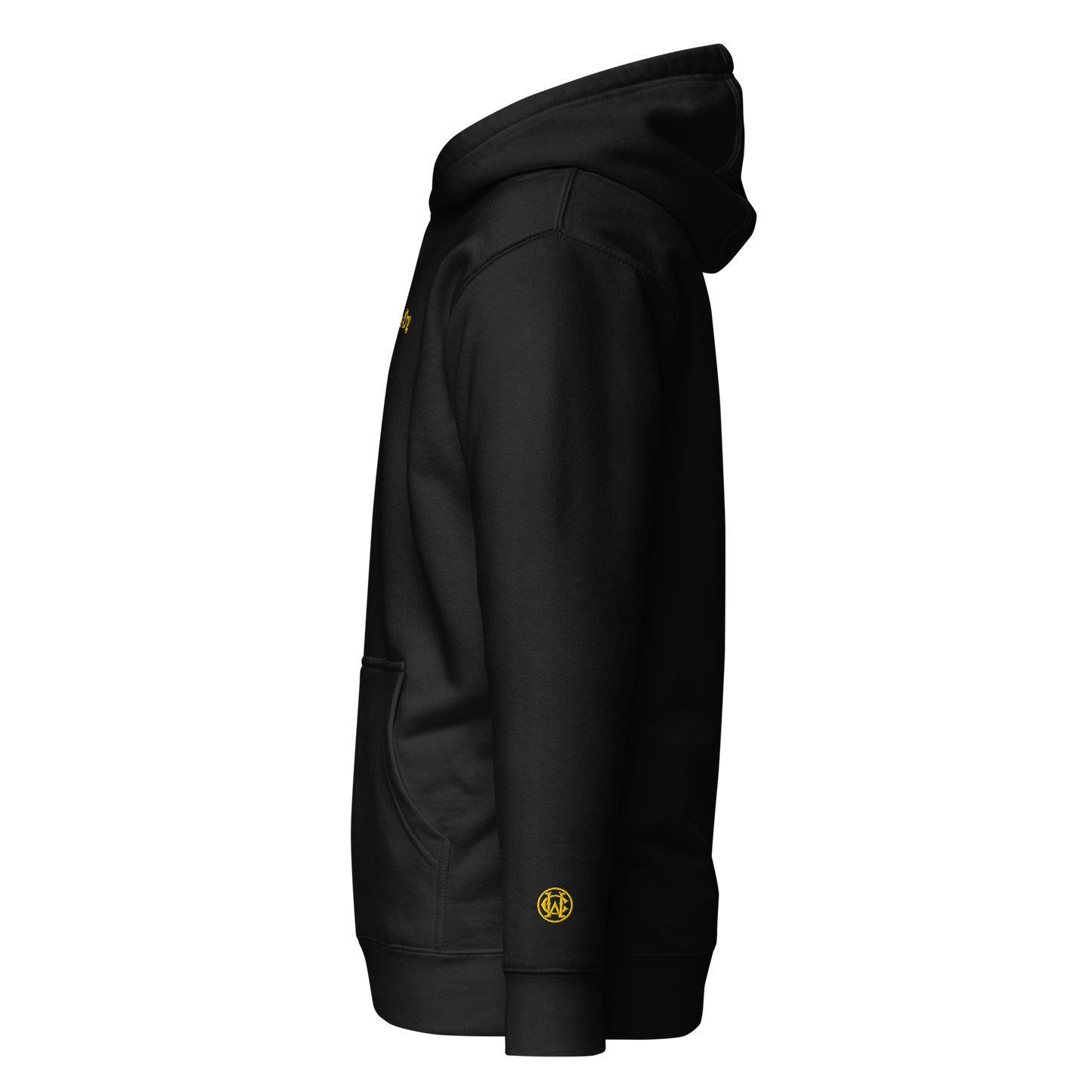 Side angle of black Wolves Cry Hoodie with yellow WC wrist monogram — iconic bold detail.