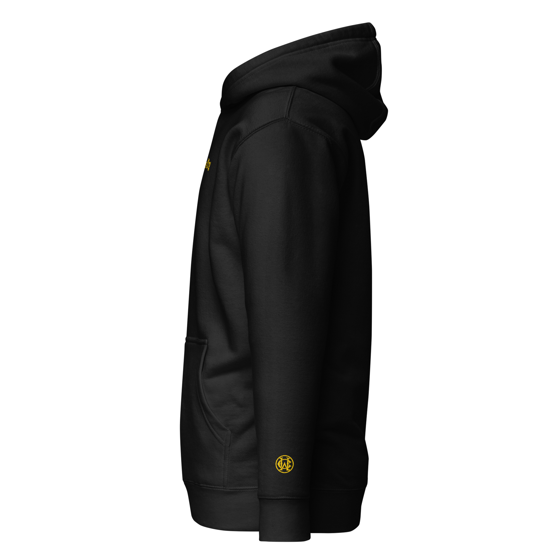 Side angle of black Wolves Cry Hoodie with yellow WC wrist monogram — iconic bold detail.